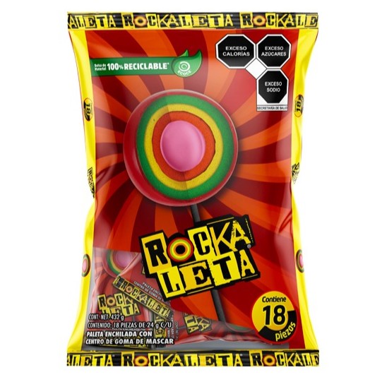 Rockaleta Paleta Enchilada con Goma de Mascar Sonrics 18 pzs