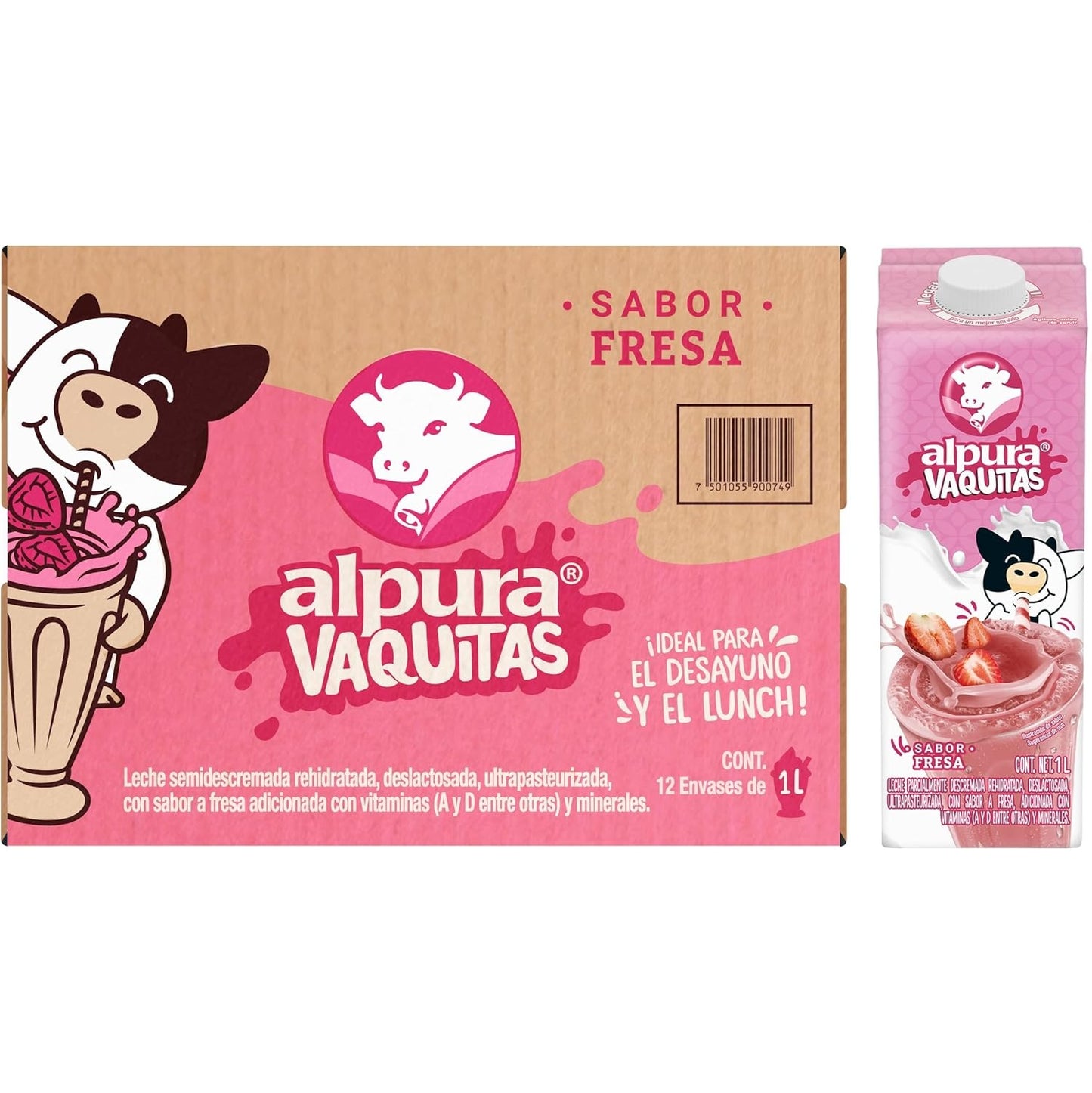 Leche Alpura Vaquitas Sabor Fresa 1L × 6 pzs