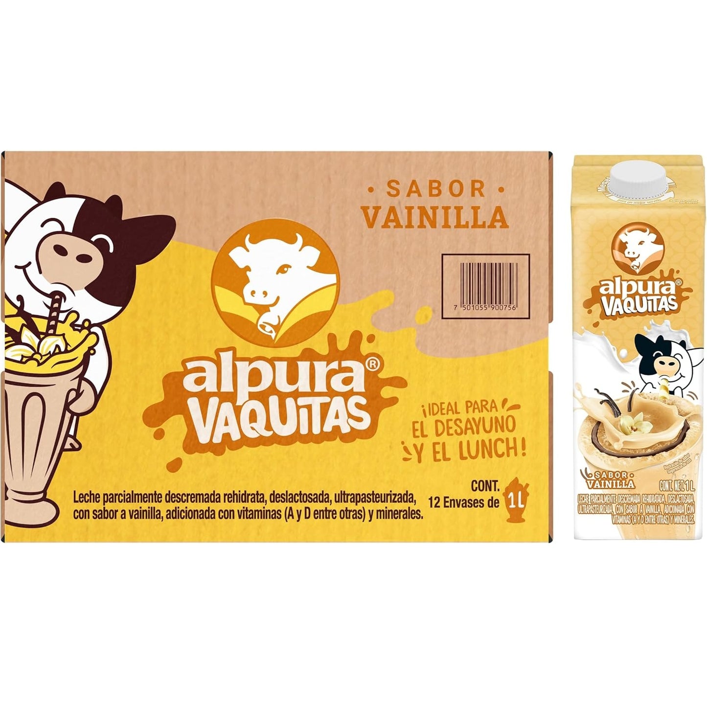 Leche Alpura Vaquitas Sabor Vainilla 1L × 6 pzs