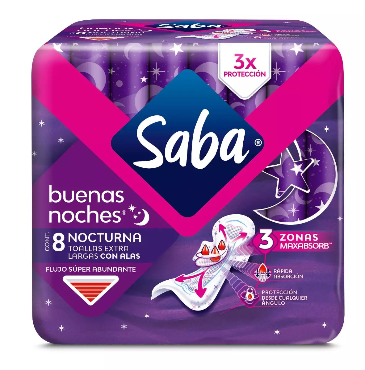 Saba Buenas Noches Toallas Extra Largas con Alas Flujo Súper Abundante 8 pzs